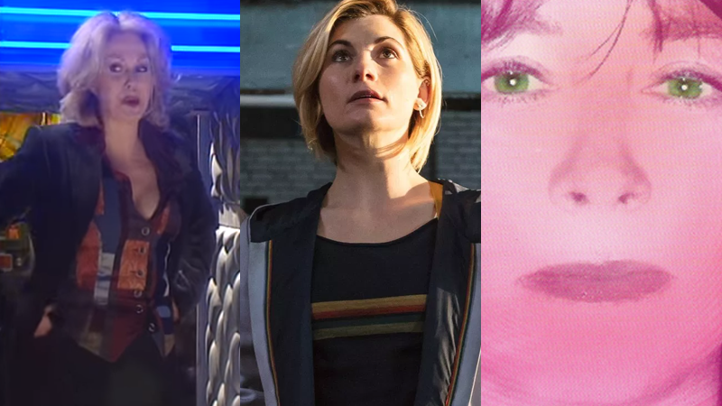 Jodie Whittaker’s 13th Doctor, flanked by two very peculiar, non-canon predecessors.